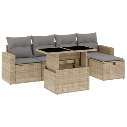 6-delige Loungeset met kussens poly rattan beige