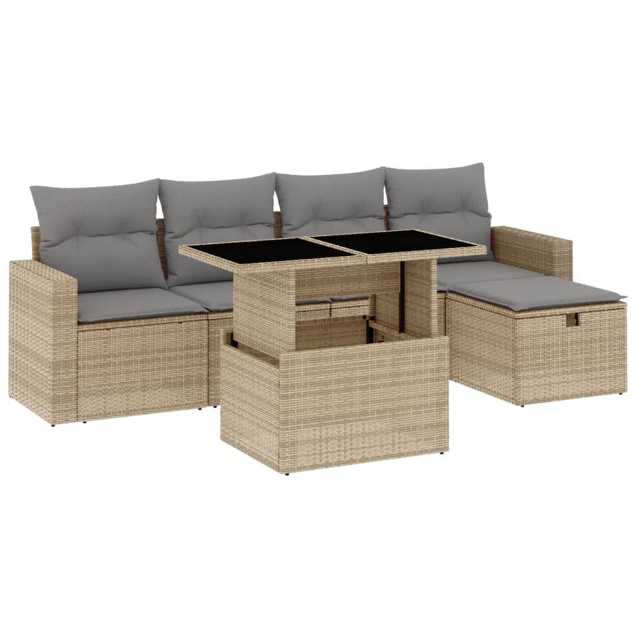 6-delige Loungeset met kussens poly rattan beige