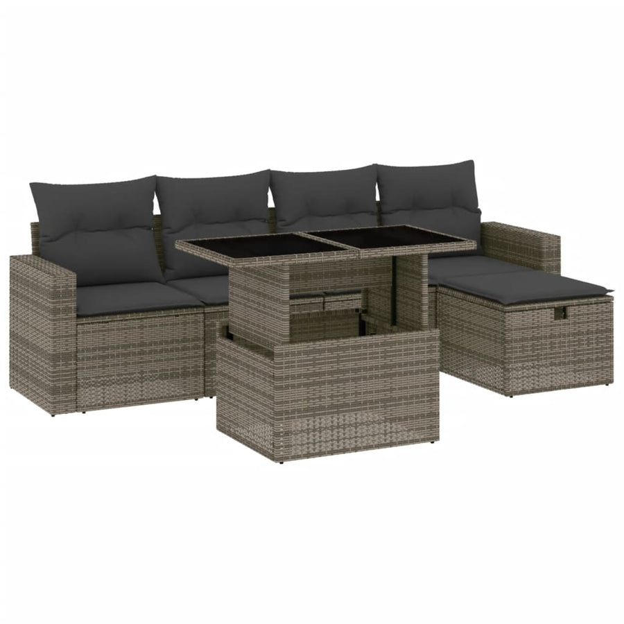 6-delige Loungeset met kussens poly rattan grijs
