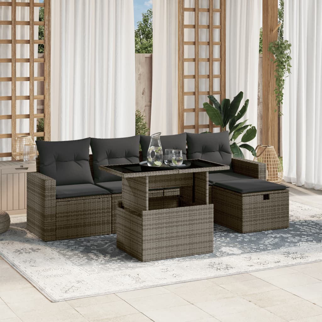6-delige Loungeset met kussens poly rattan grijs