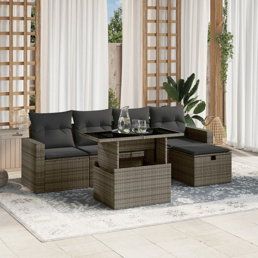 6-delige Loungeset met kussens poly rattan grijs