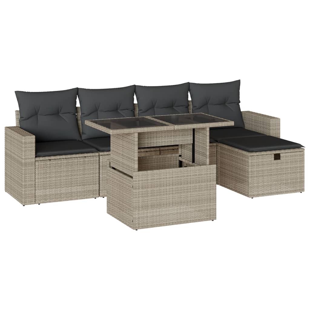 6-delige Loungeset met kussens poly rattan lichtgrijs