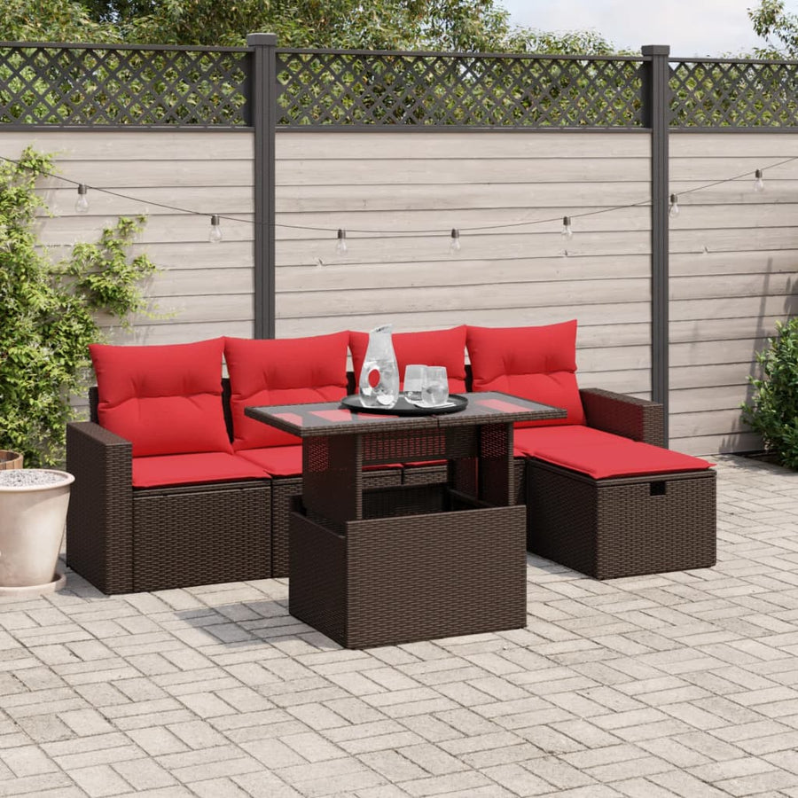 6-delige tuinbankset met kussens, bruin polyrotan