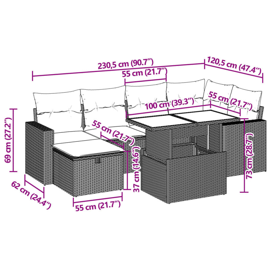 7-delige Loungeset met kussens poly rattan zwart