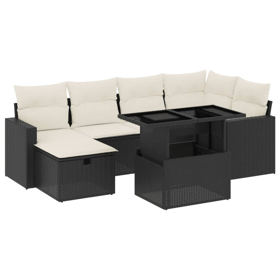 7-delige Loungeset met kussens poly rattan zwart