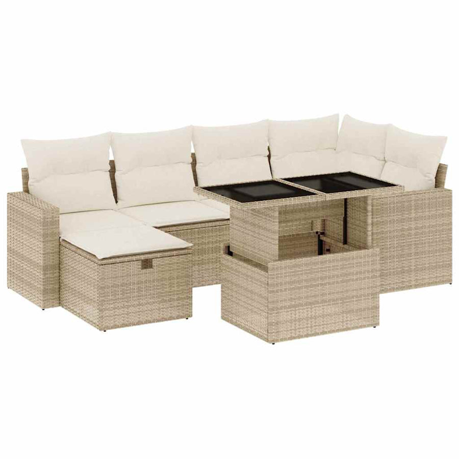 7-delige Loungeset met kussens poly rattan beige