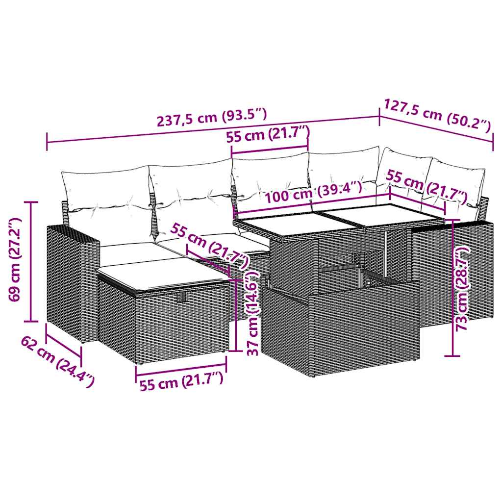 7-delige Loungeset met kussens poly rattan beige
