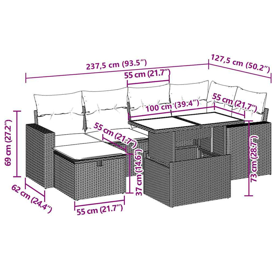 7-delige Loungeset met kussens poly rattan beige