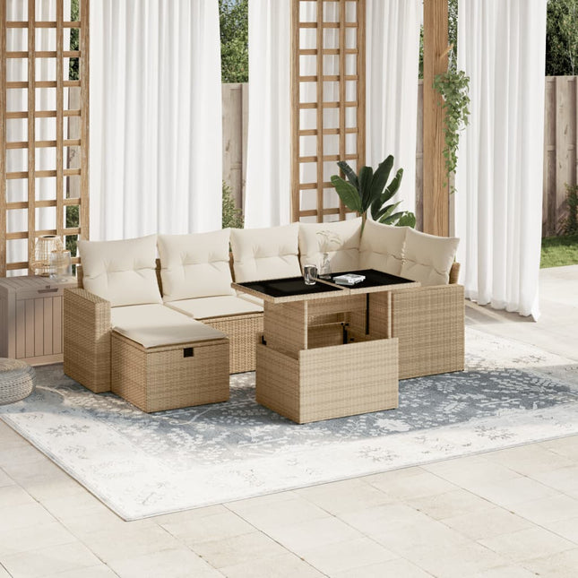 7-delige Loungeset met kussens poly rattan beige