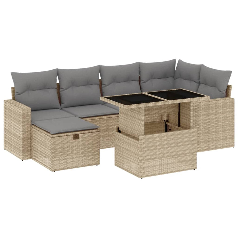 7-delige Loungeset met kussens poly rattan beige
