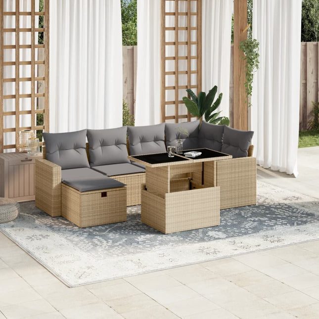 7-delige Loungeset met kussens poly rattan beige