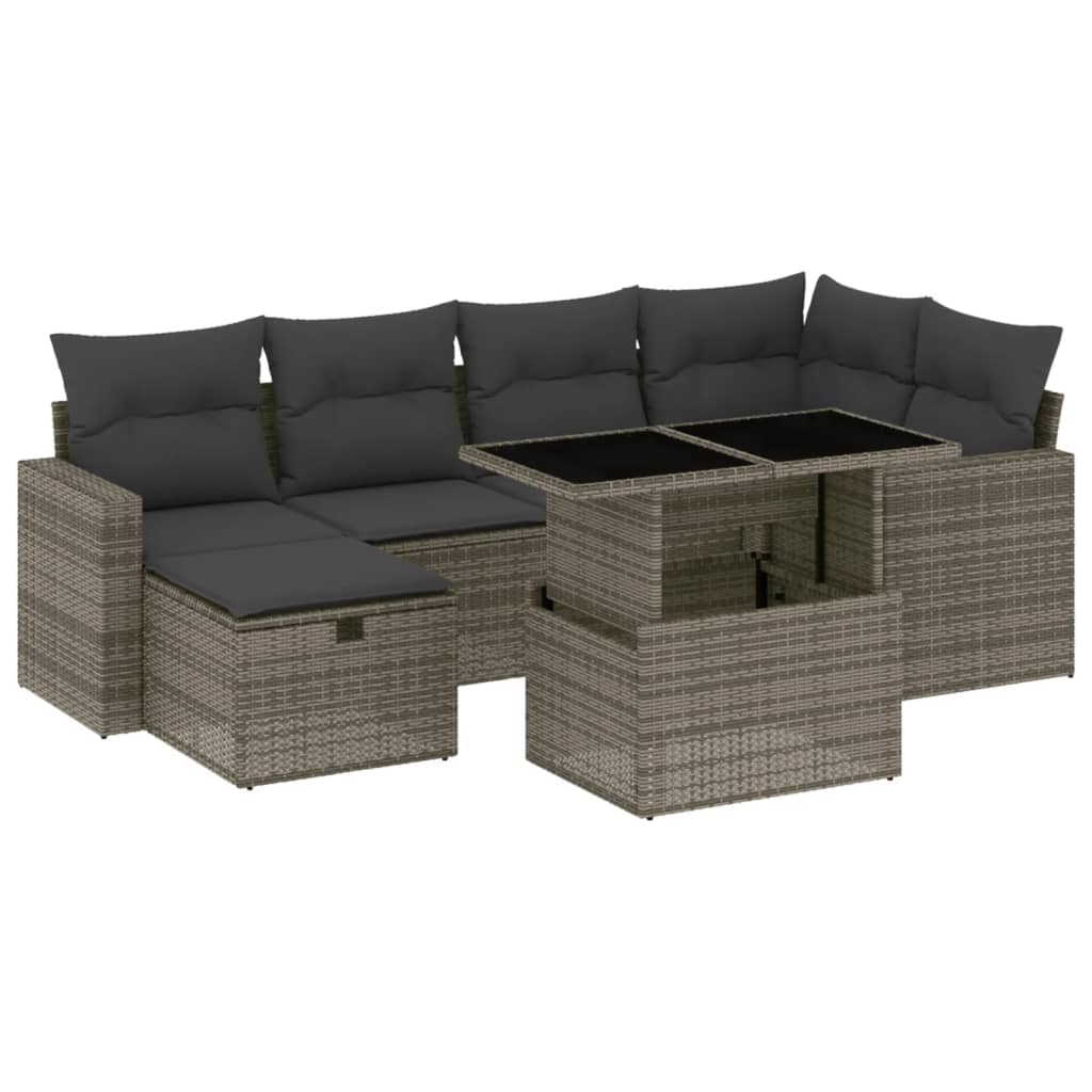 7-delige Loungeset met kussens poly rattan grijs