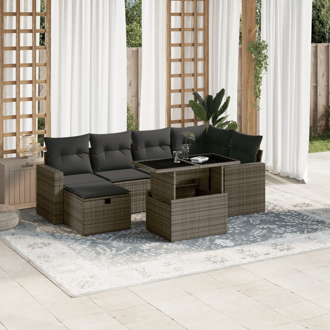 7-delige Loungeset met kussens poly rattan grijs