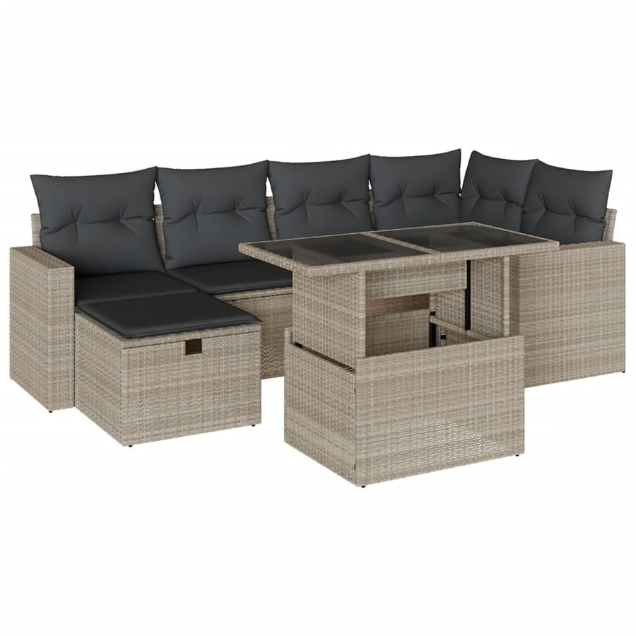 7-delige Loungeset met kussens poly rattan lichtgrijs