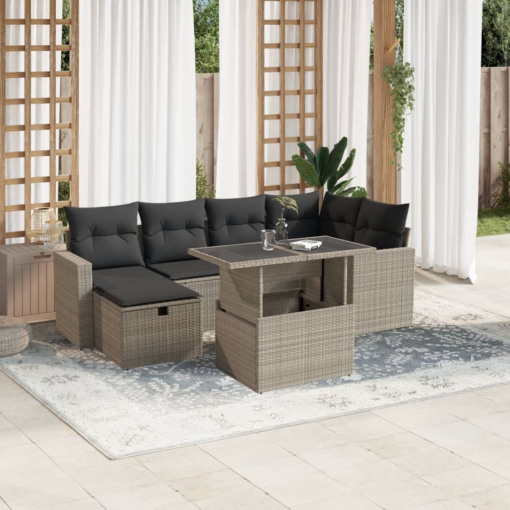 7-delige Loungeset met kussens poly rattan lichtgrijs