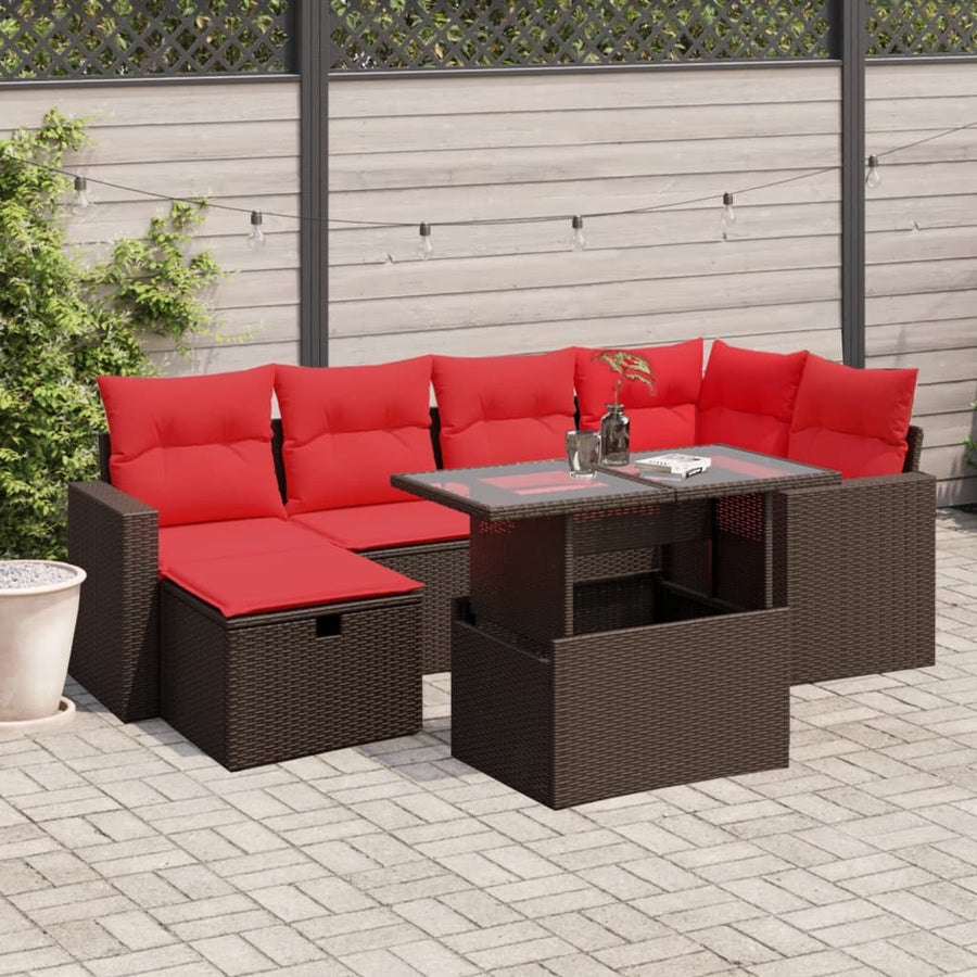 7-delige tuinbankset met kussens, bruin polyrotan