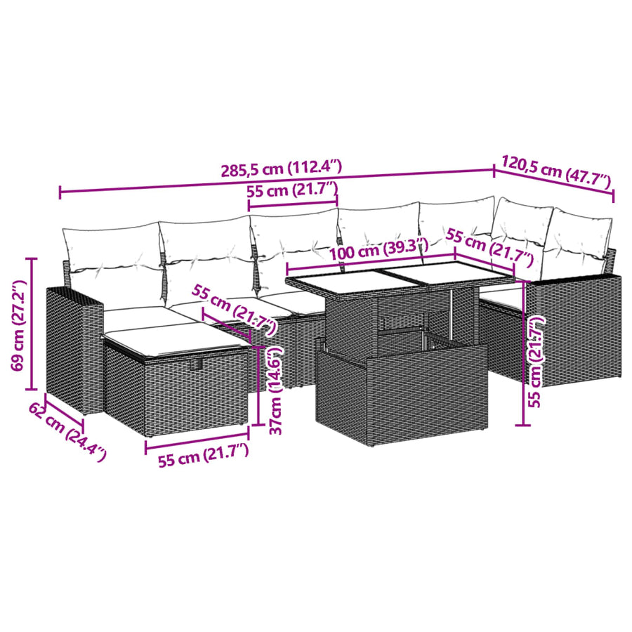 8-delige Loungeset met kussens poly rattan zwart