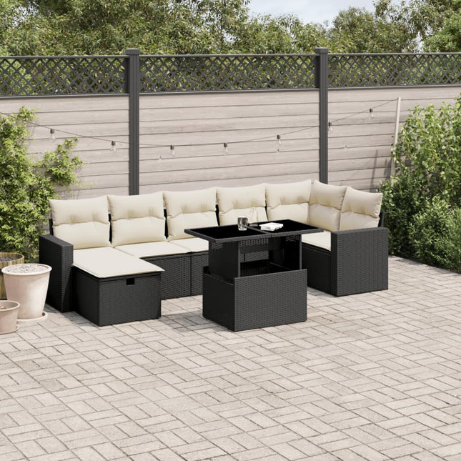 8-delige Loungeset met kussens poly rattan zwart