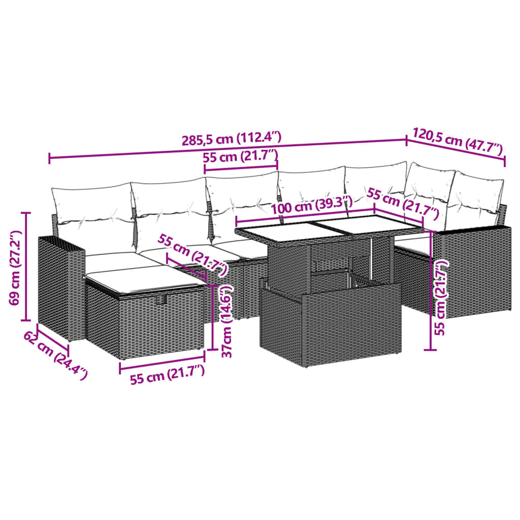 8-delige Loungeset met kussens poly rattan beige