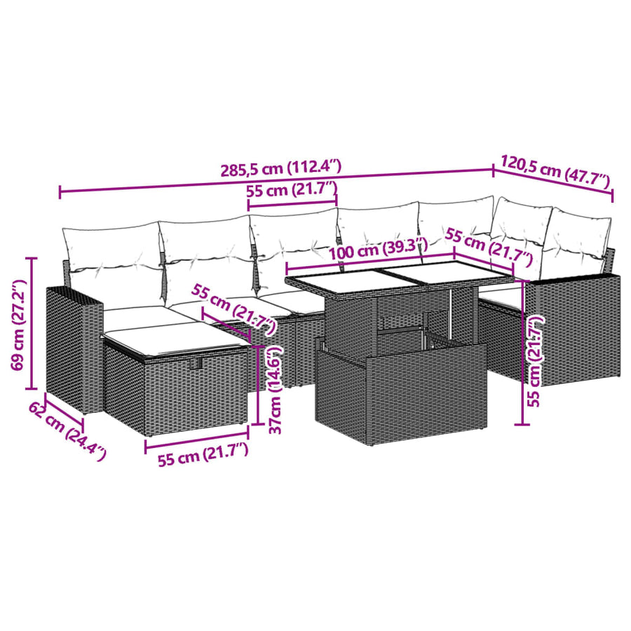 8-delige Loungeset met kussens poly rattan grijs