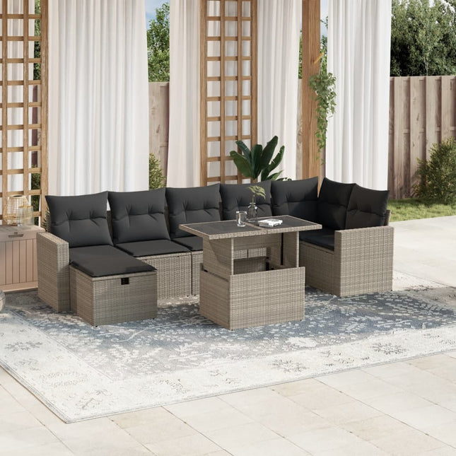 8-delige Loungeset met kussens poly rattan lichtgrijs