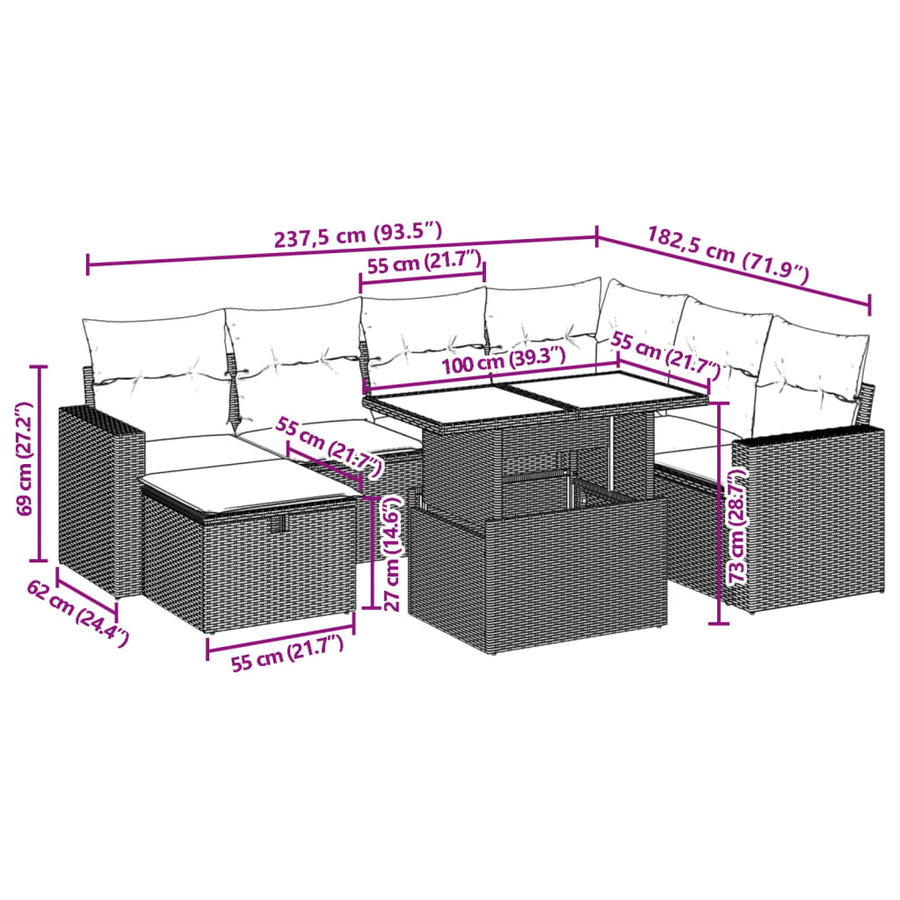 8-delige Loungeset met kussens poly rattan grijs