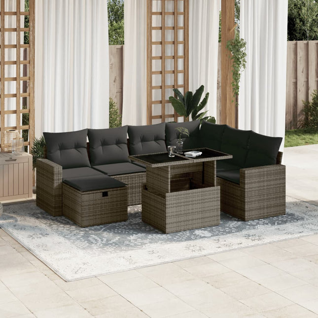 8-delige Loungeset met kussens poly rattan grijs