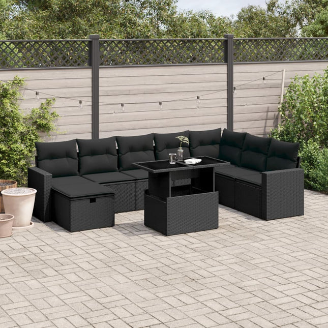 9-delige Loungeset met kussens poly rattan zwart