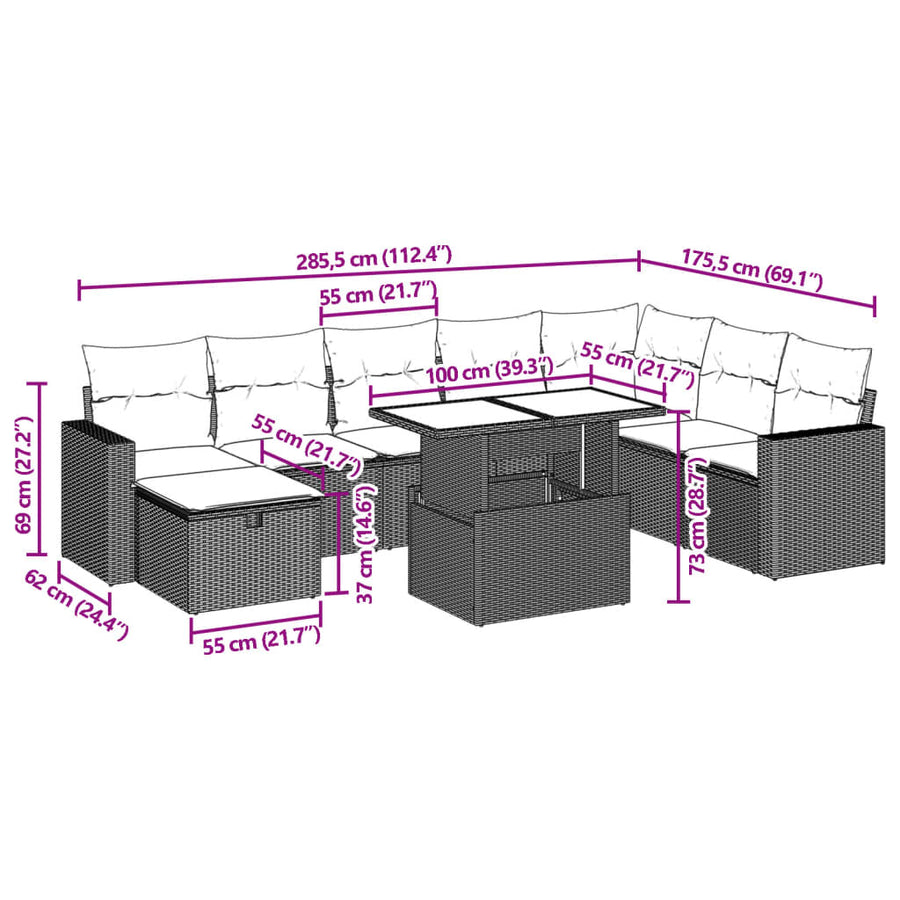 9-delige Loungeset met kussens poly rattan zwart