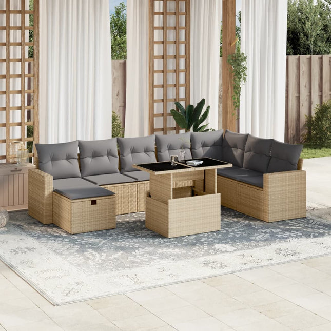 9-delige Loungeset met kussens poly rattan beige