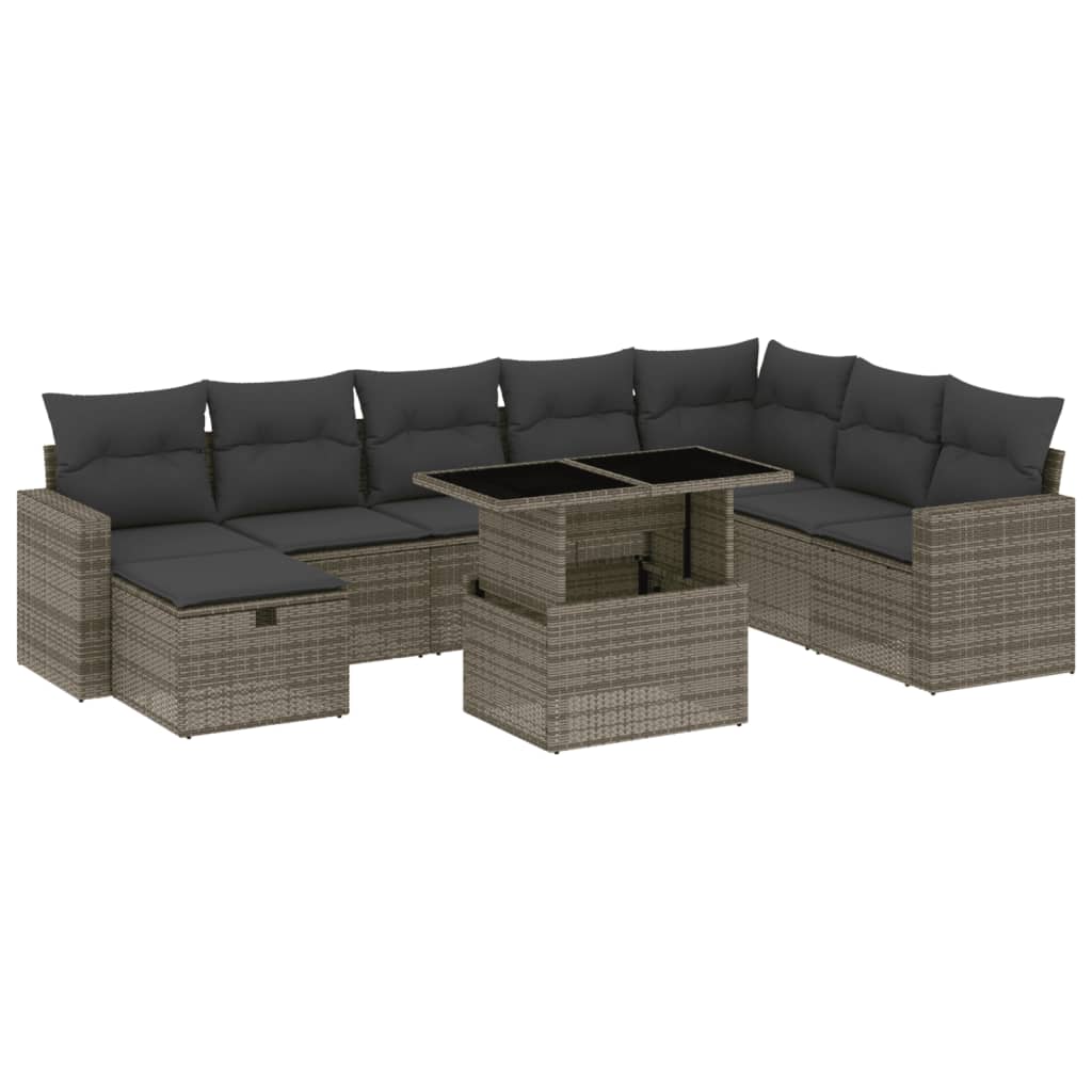 9-delige Loungeset met kussens poly rattan grijs