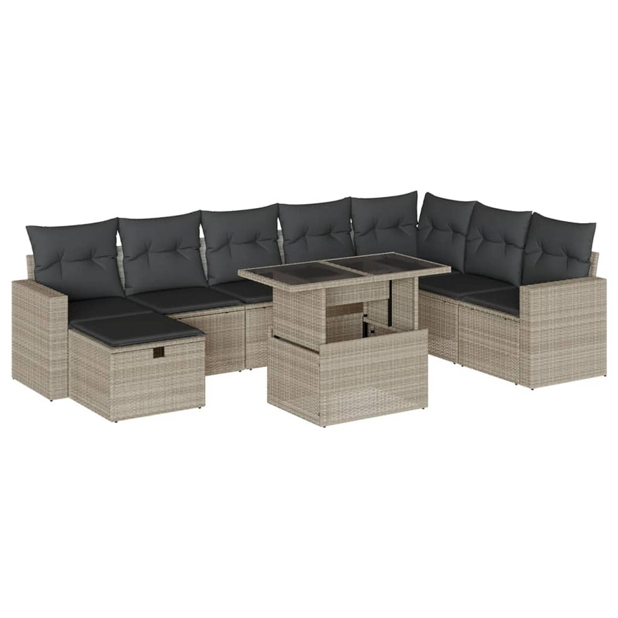 9-delige Loungeset met kussens poly rattan lichtgrijs