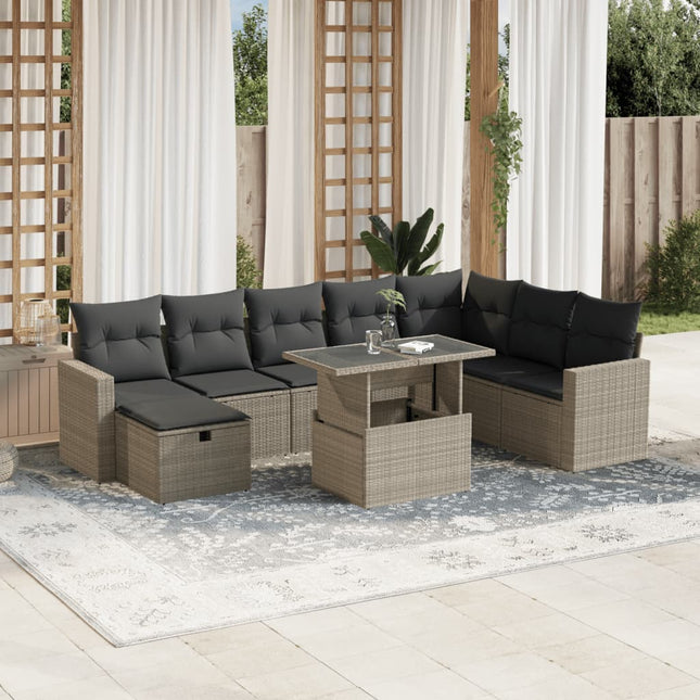 9-delige Loungeset met kussens poly rattan lichtgrijs