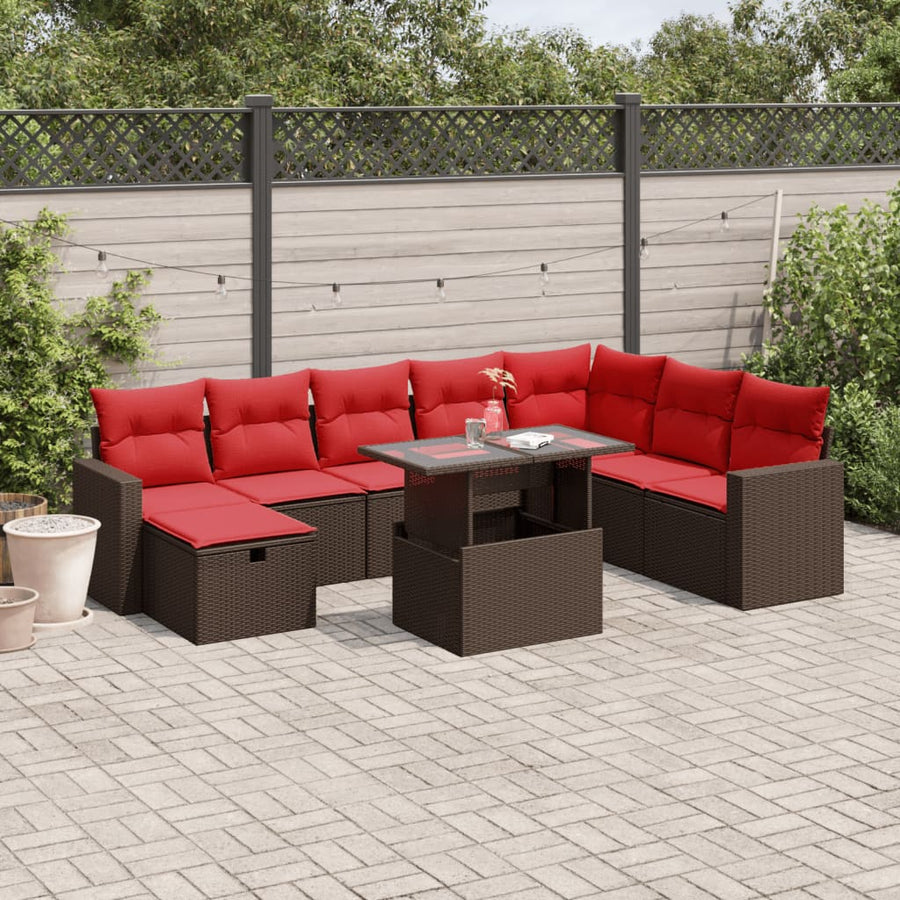 9-delige tuinbankset met kussens, bruin polyrotan
