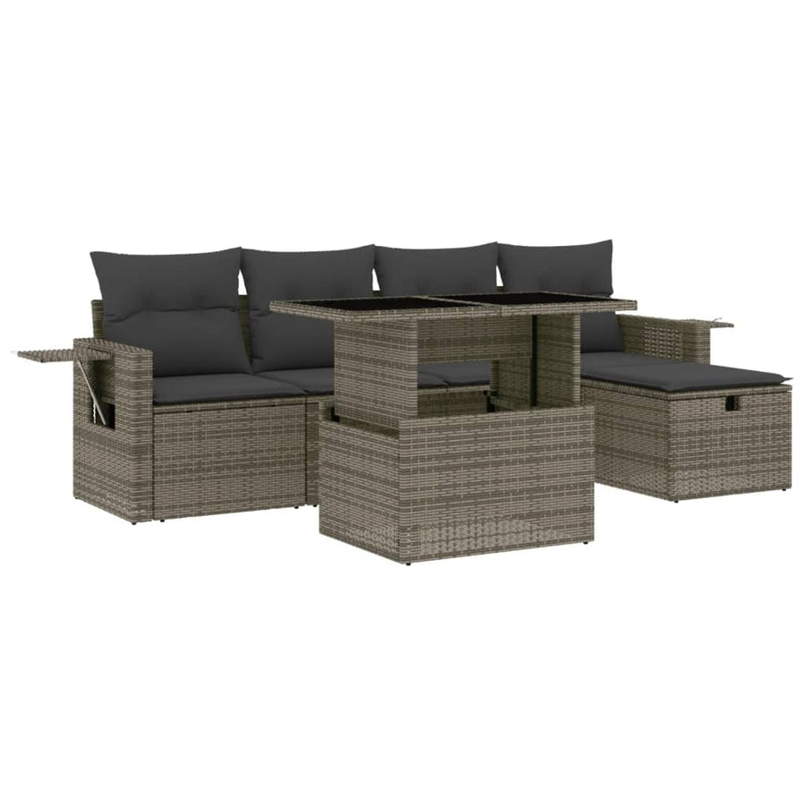6-delige Loungeset met kussens poly rattan grijs