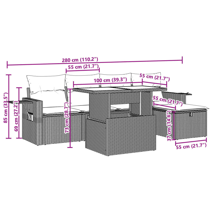 6-delige Loungeset met kussens poly rattan grijs