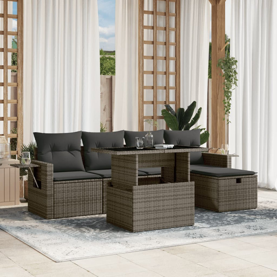 6-delige Loungeset met kussens poly rattan grijs