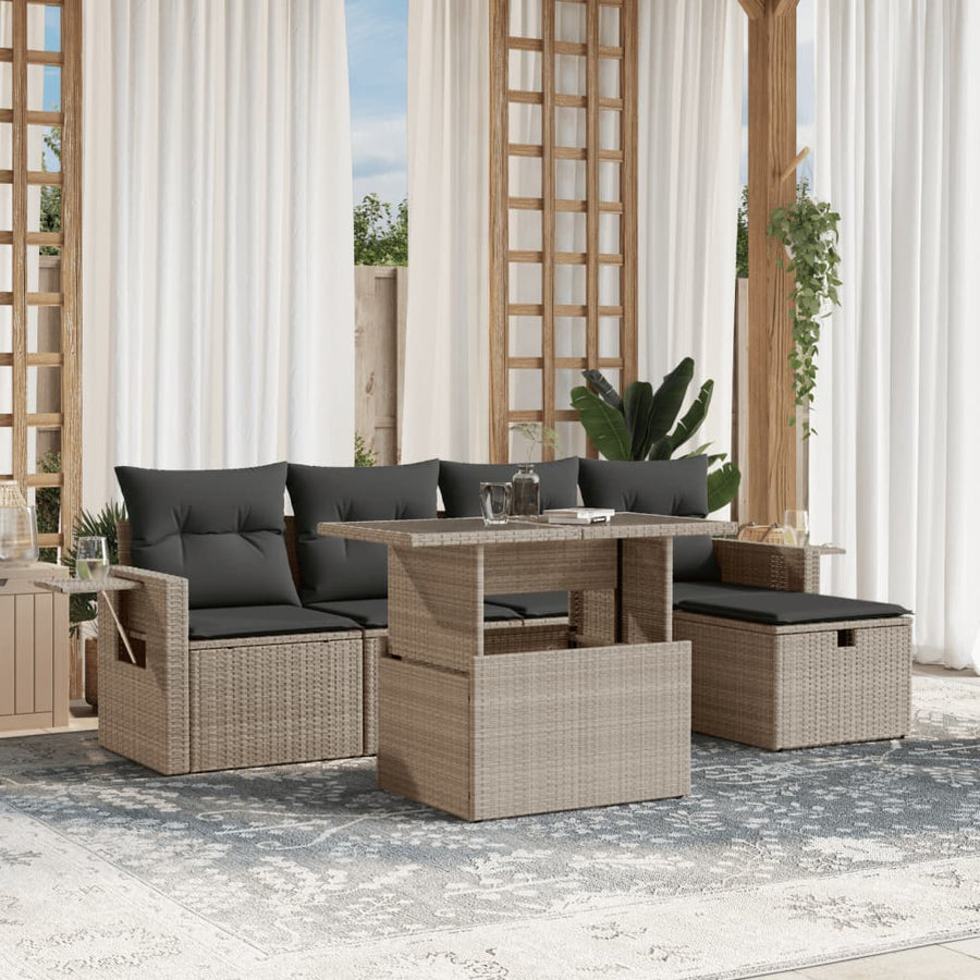 6-delige Loungeset met kussens poly rattan lichtgrijs