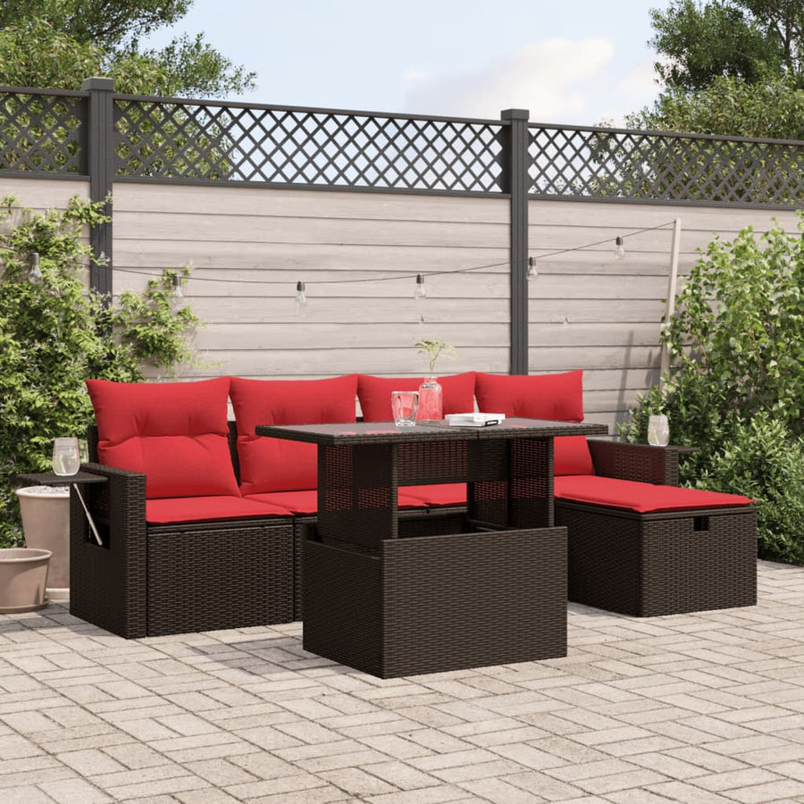 6-delige tuinbankset met kussens, bruin polyrotan