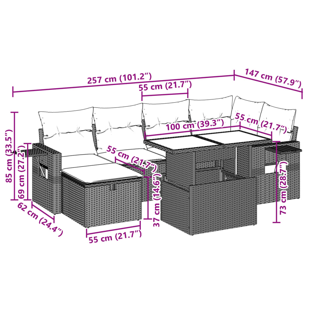 7-delige Loungeset met kussens poly rattan zwart
