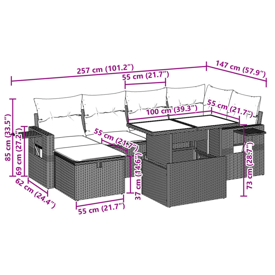 7-delige Loungeset met kussens poly rattan zwart