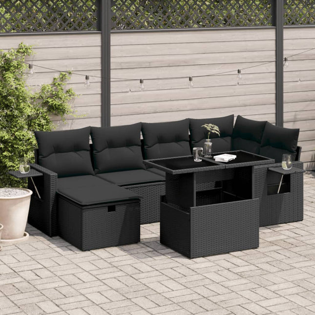 7-delige Loungeset met kussens poly rattan zwart