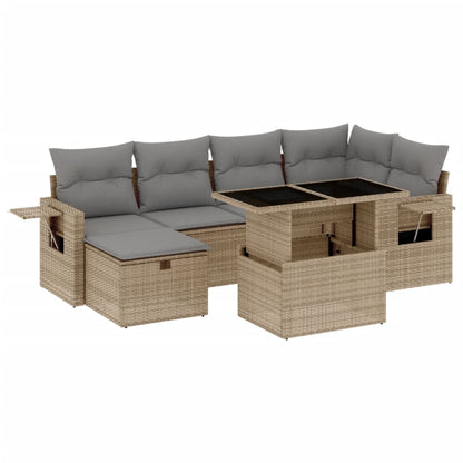 7-delige Loungeset met kussens poly rattan beige