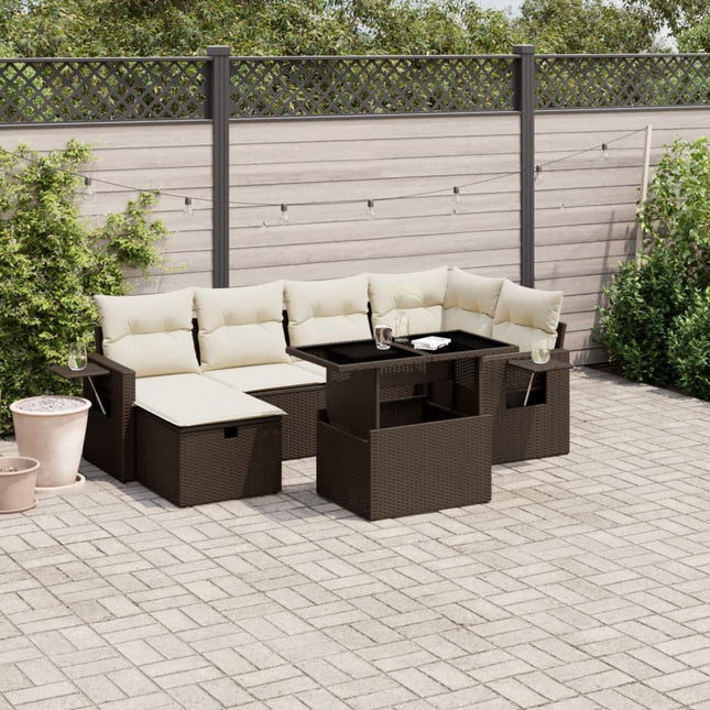 7-delige Loungeset met kussens poly rattan bruin