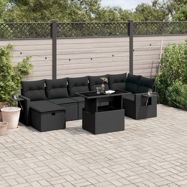 8-delige Loungeset met kussens poly rattan zwart