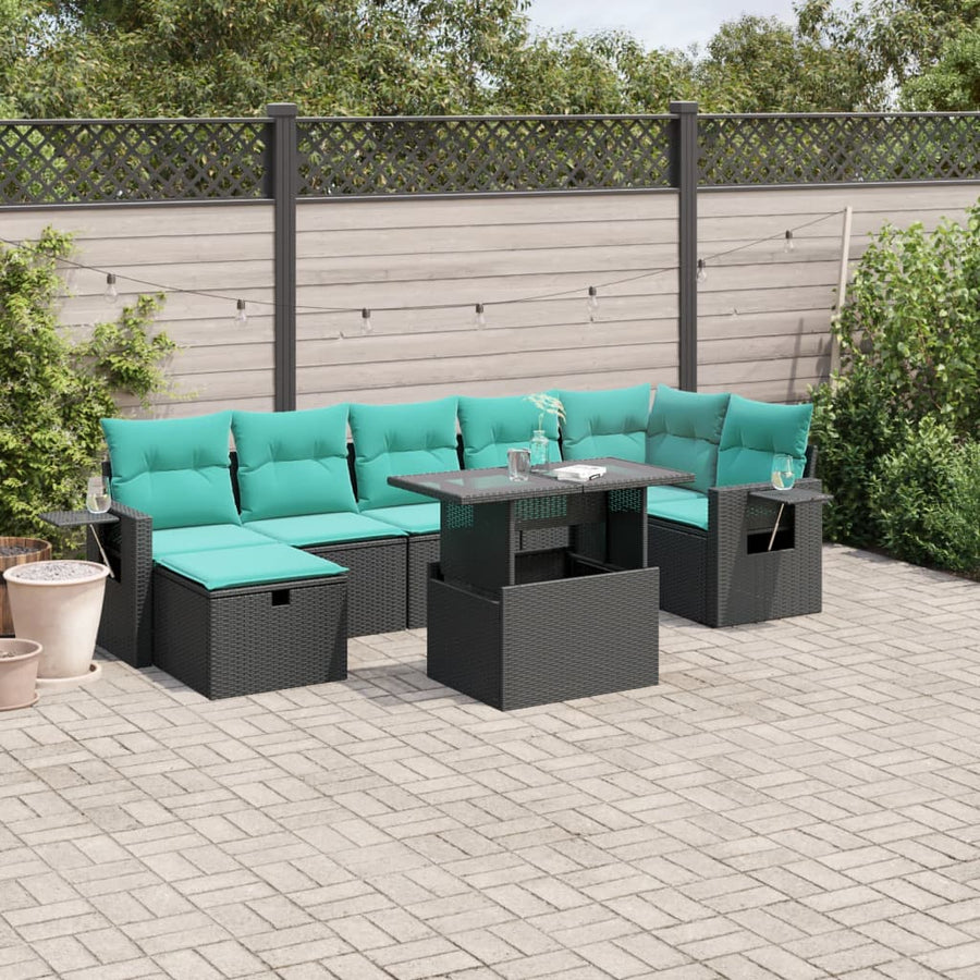 8-delige tuinbankset met kussens, zwart polyrotan