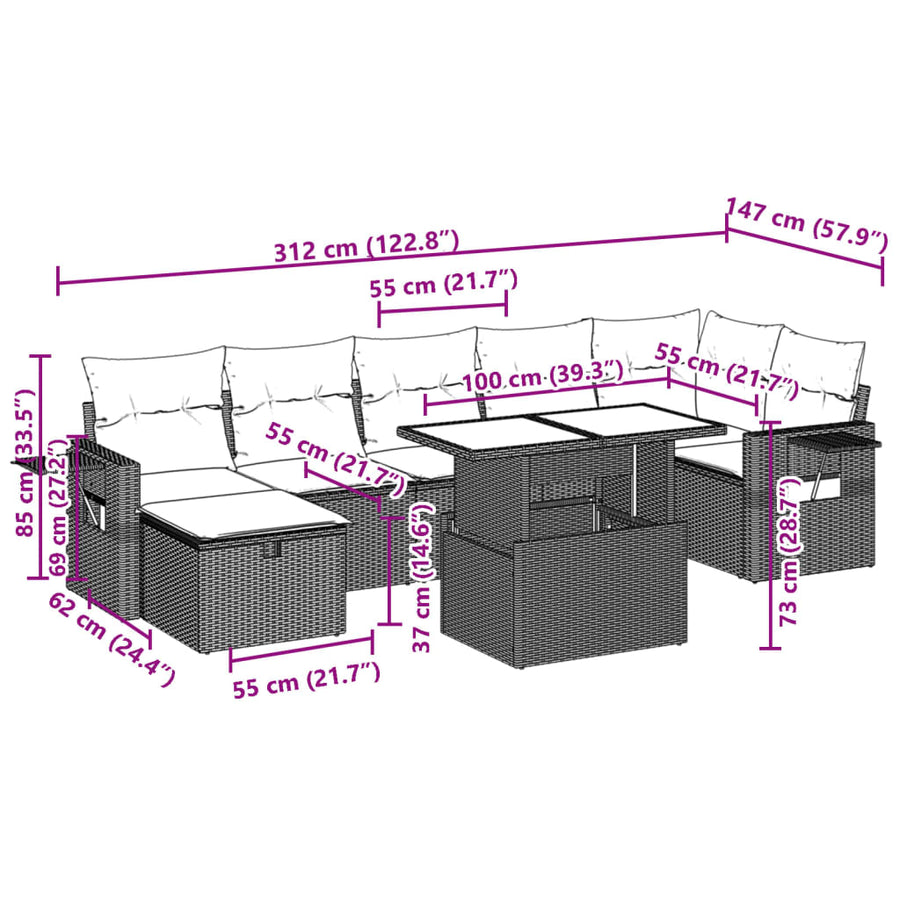 8-delige Loungeset met kussens poly rattan grijs