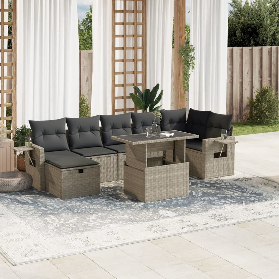 8-delige Loungeset met kussens poly rattan lichtgrijs