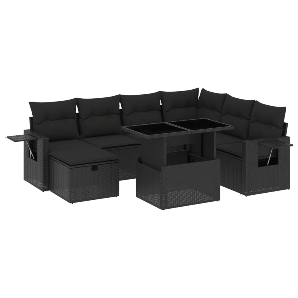 8-delige Loungeset met kussens poly rattan zwart
