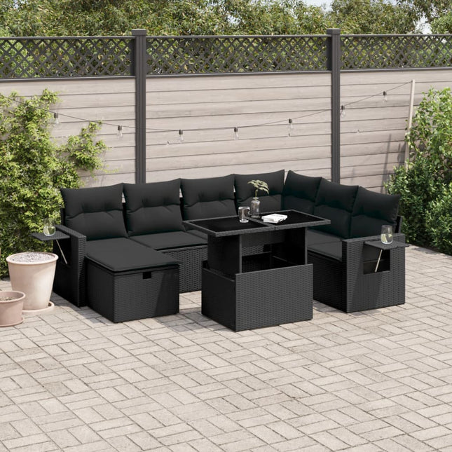 8-delige Loungeset met kussens poly rattan zwart